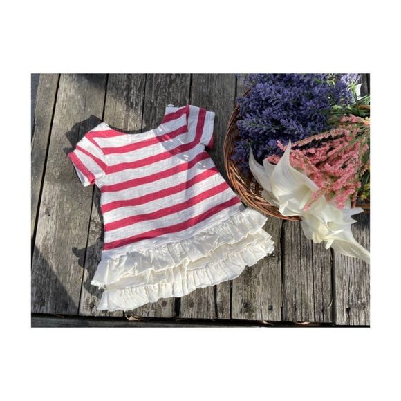 Ralph Lauren Striped T-Shirt Dress Ruffle Hem Red Ivory Sz 3M - Picture 3 of 3